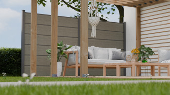 planeo Gardence Simply Premium - Clôture à emboîter en PVC Grey Ash Cut avec pilastres en anthracite 180 x 180 cm