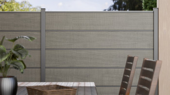 planeo Gardence Simply Premium - Clôture à emboîter en PVC Grey Ash Cut avec pilastres en anthracite 180 x 180 cm