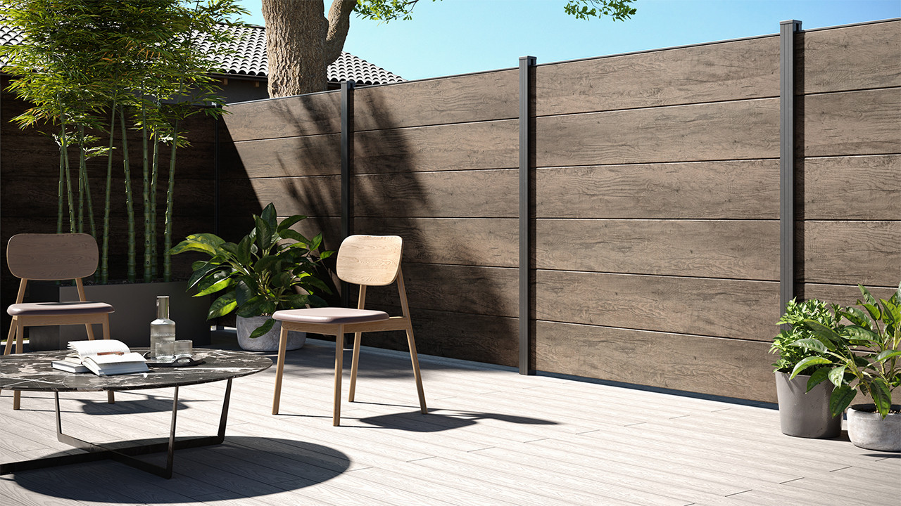 recinzione a innesto planeo Gardence in PVC - Grey-Brown Oak incl. inserto  design a scelta 180 x 180 cm - Recinzioni giardino