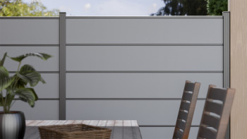 planeo Gardence Simply Premium - recinzione a innesto in PVC grigio argento con listelli in antracite 180 x 180 cm