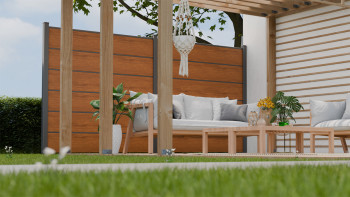 planeo Gardence Simply Premium - recinzione a innesto in PVC Rovere dorato con lesene in antracite 180 x 180 cm