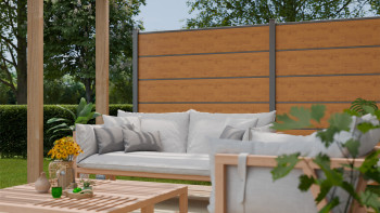 planeo Gardence Simply Premium - recinzione a innesto in PVC rovere nodoso naturale con lesene in antracite 180 x 180 cm