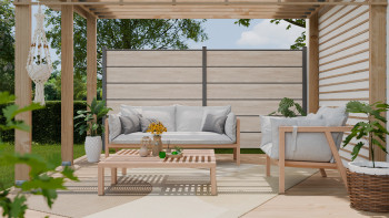 planeo Gardence Simply Premium - recinzione a innesto in PVC Sheffield Oak light con lesene in antracite 180 x 180 cm